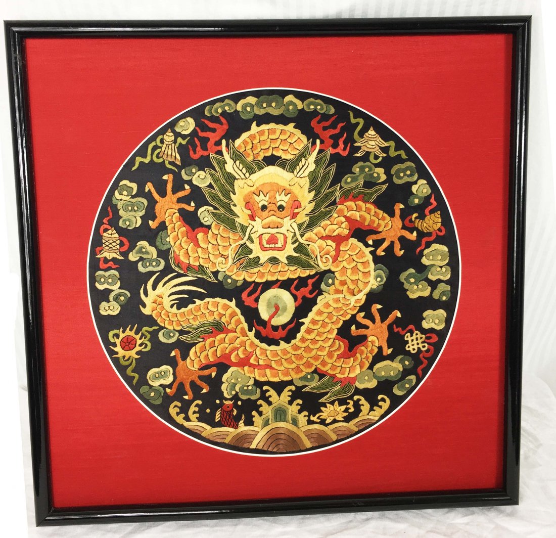 Chinese Dragon Embroidery Framed Flaming Pearl Imperial (1 of 4)