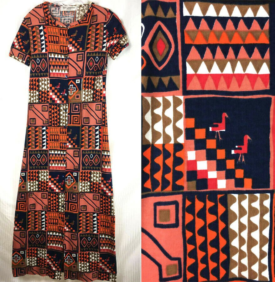 70s Guy Laroche Boho Ethnic Print Dress: Bust 36, waist 32, Hip 38.