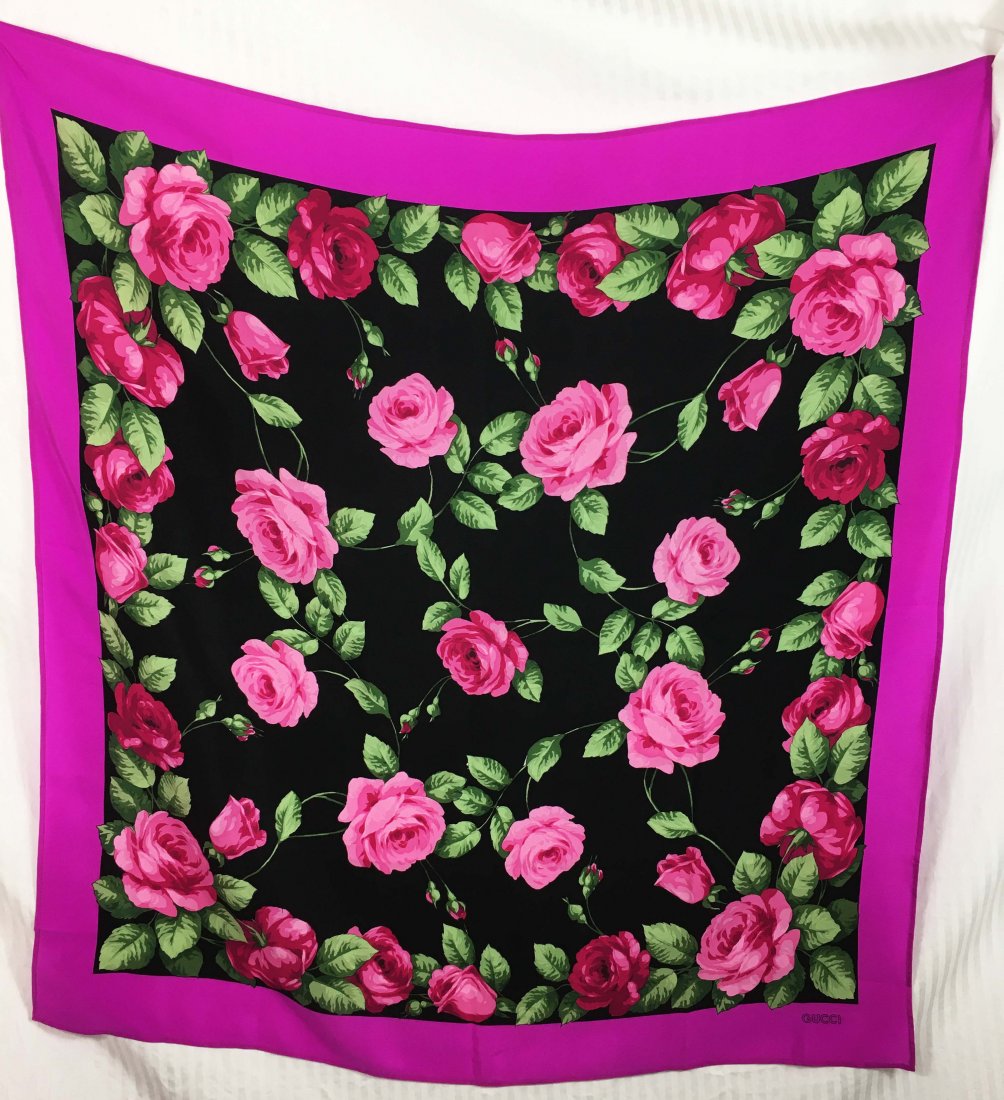 Vintage Gucci Roses Scarf: The hem looks to have been resized. 1980s Scarf.