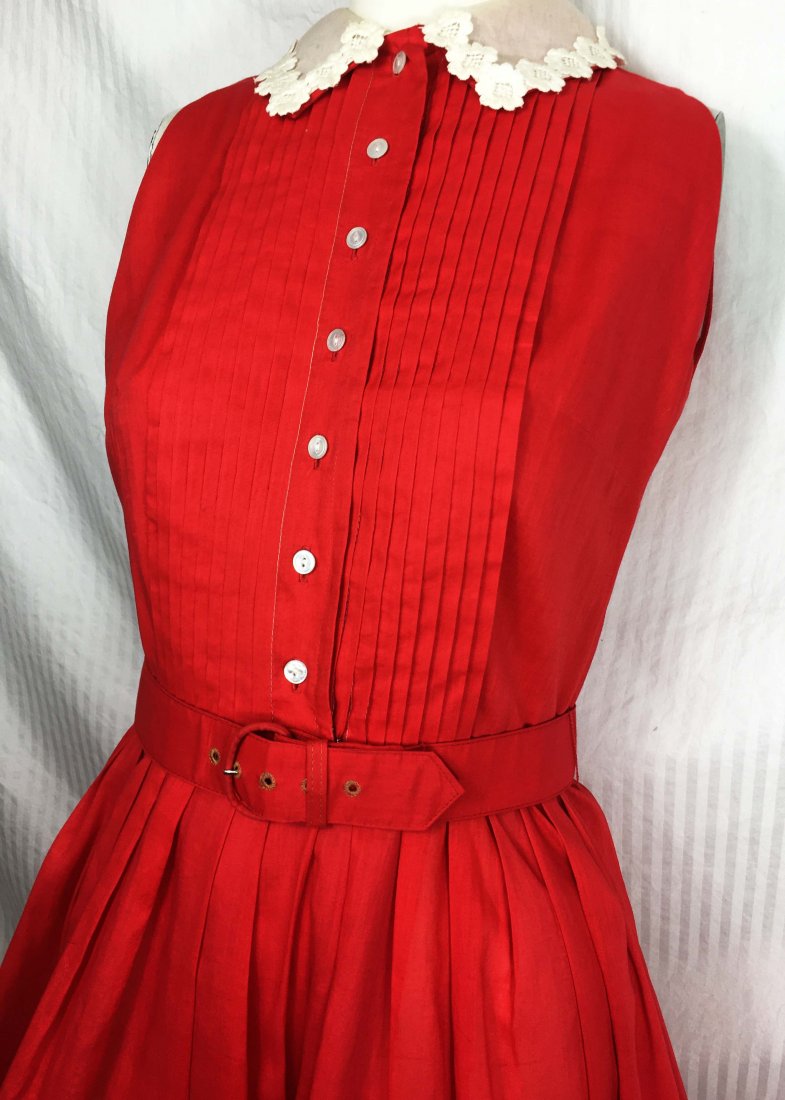 50s Red Shirt Dress Peter Pan Collar: Cute 50s Shirt dress, labeled. Bust 35, waist 28.