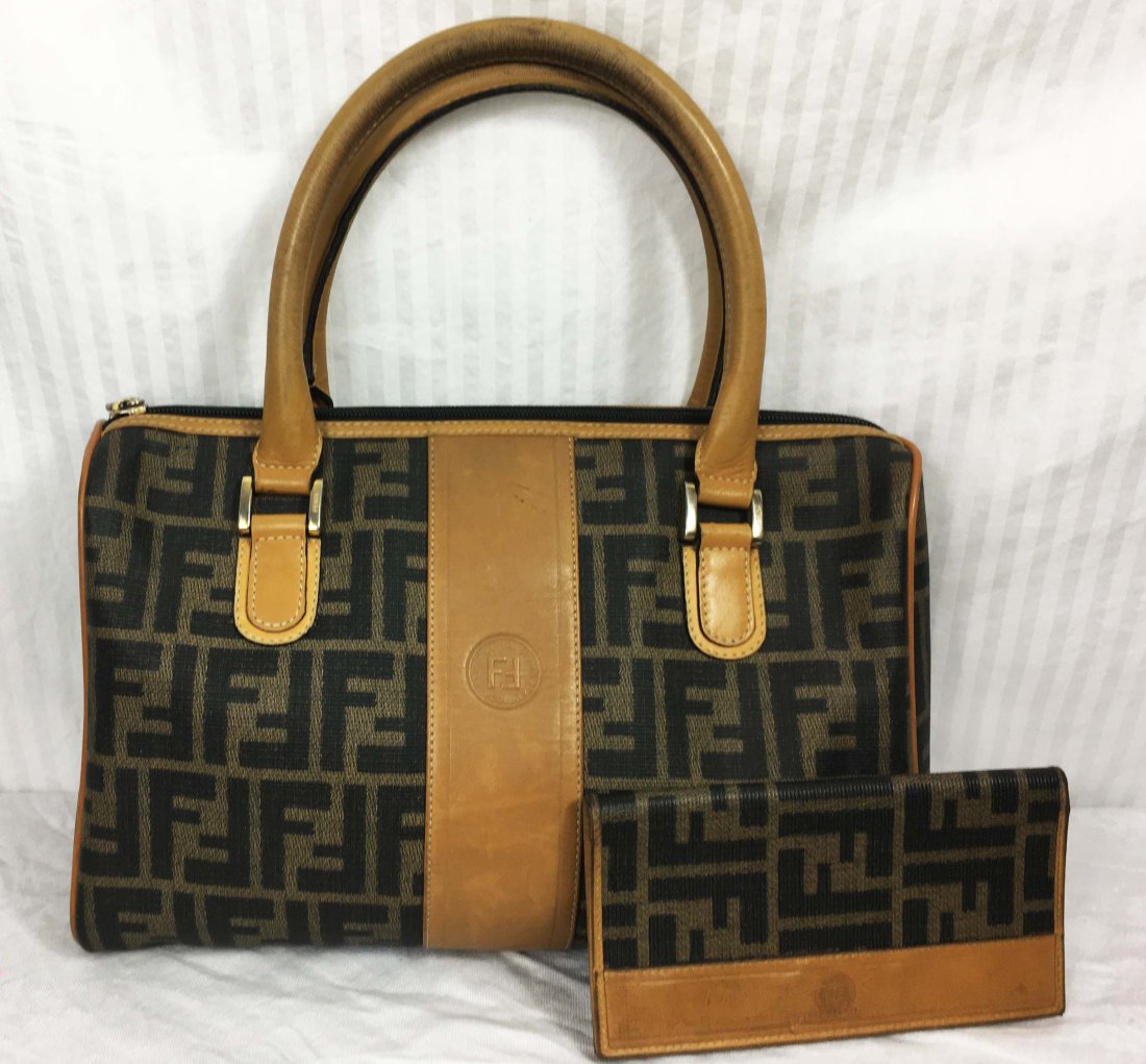 Fendi Zucca Satchel with Matching Check Cover: Speedy Bag and checkbook cover, measurements are in the listing.