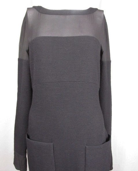 Karl Lagerfeld Wool Boucle & Sheer Evening Dress: Vintage Karl Lagerfeld Formal dress with front pocket details and sheer inserts. Size not listed. Bust 33-34, waist 30-32, hip 36, length 51, sleeve 23. Shipping for this lot is $18.00 USA, $40.00 Int