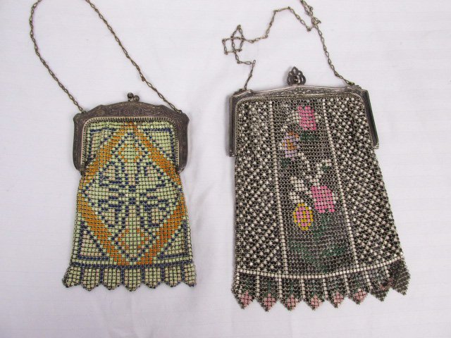 2 Whiting Davis Painted Mesh Bags 1900-1920: 2 Bags, one is deco, the other one is Edwardian. Shipping for this lot is $10.00 USA, $40.00 International. We combine shipping on multiple lots. ZERO% BUYERS PREMIUM ON ALL LOTS!! Payment is due with