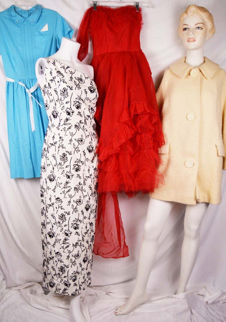 Lot of 4 Vintage Clothing Dress 50s 60s: Child's Blue 50s dress, one shoulder black and white dress, Red tulle dress, cream boucle coat. Shipping for this lot is $27.00 USA. We combine shipping on multiple lots. ZERO% BUYERS PREMIUM ON ALL L