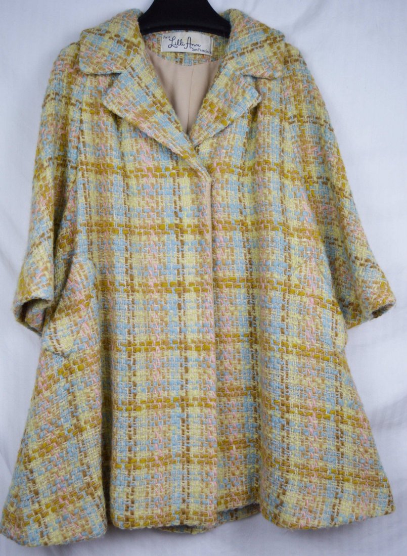 Lilli Ann Pastel Hand Woven Tweed Coat: NOTE USA only shipping on this item. Bust 48, waist 52, Hip 60, length 33. Shipping for this lot is $25.00 USA. We combine shipping on multiple lots. ZERO% BUYERS PREMIUM ON ALL LOTS! Payment is due w