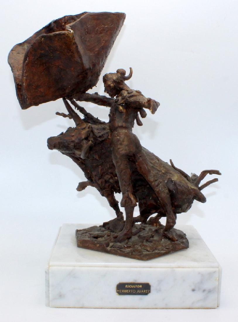 Heriberto Juarez (Mexico b.1932-2008) Bronze Sculpture: Heriberto Juarez (Mexico b.1932-2008) Bronze Sculpture Depicting a Bullfighting Scene. 14" high x 8 1/4" wide.