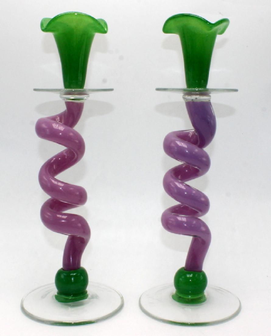 Pair of Signed Murano Twist Glass Candlesticks (1 of 4)