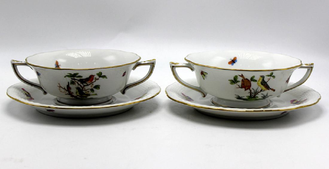 Herend (8) Soup & Creamers "Rothschild" Pattern with: Herend (8) Soup & Creamers "Rothschild" Pattern with Saucers. 2" high x 7" wide with creamers. 3/4" high x 7" wide with saucers.