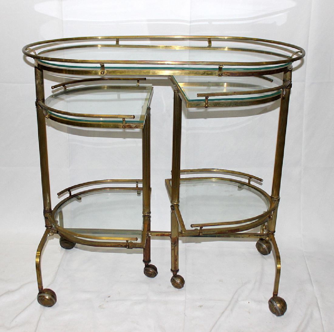 Vintage Brass & Glass Hostess Cart with Swivel Shelves: Vintage Brass & Glass Hostess Cart with Swivel Shelves. Opens to 56" closed it is 32 1/4" wide 18" deep and 31 1/4" tall.