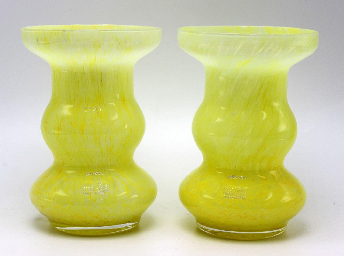 Murano Pair of Art Glass Vases with Original Paper: Murano Pair of Art Glass Vases with Original Paper Label to Base. 6" high x 4 1/2" wide.
