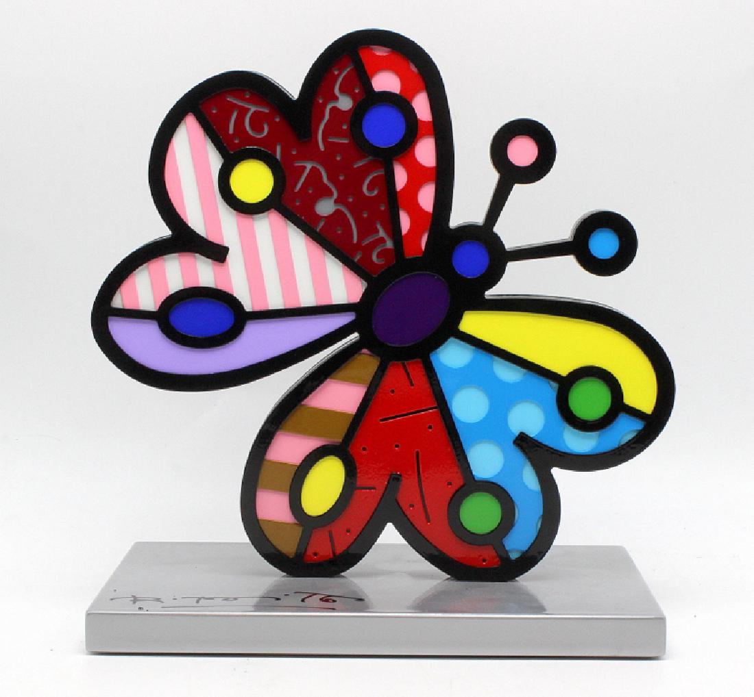 Romero Britto (Brazilian, b.1963-) "Garden Butterfly": Romero Britto (Brazilian, b.1963-) "Garden Butterfly" Metal Sculpture. 9 1/2" high x 8 1/2" wide. Handsigned on base.