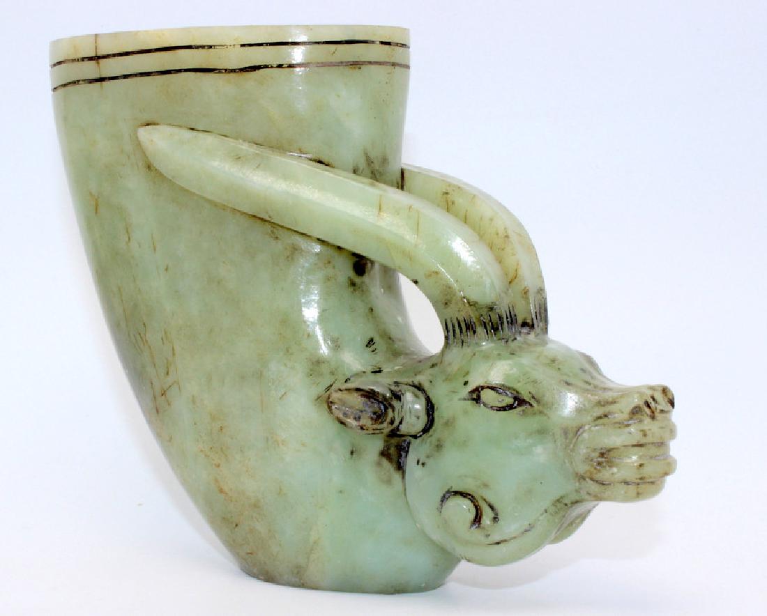 Chinese Carved Soapstone Rhyton Cup with Carved Oxen: Chinese Carved Soapstone Rhyton Cup with Carved Oxen Head. 4 1/2" high x 5" wide.