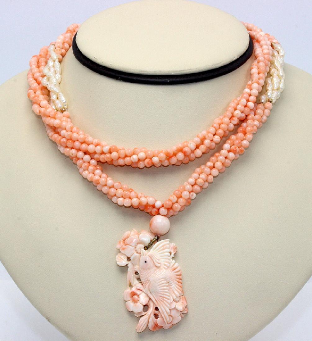 4 Strand Coral & Seed Pearl Necklace with Carved Coral (1 of 3)
