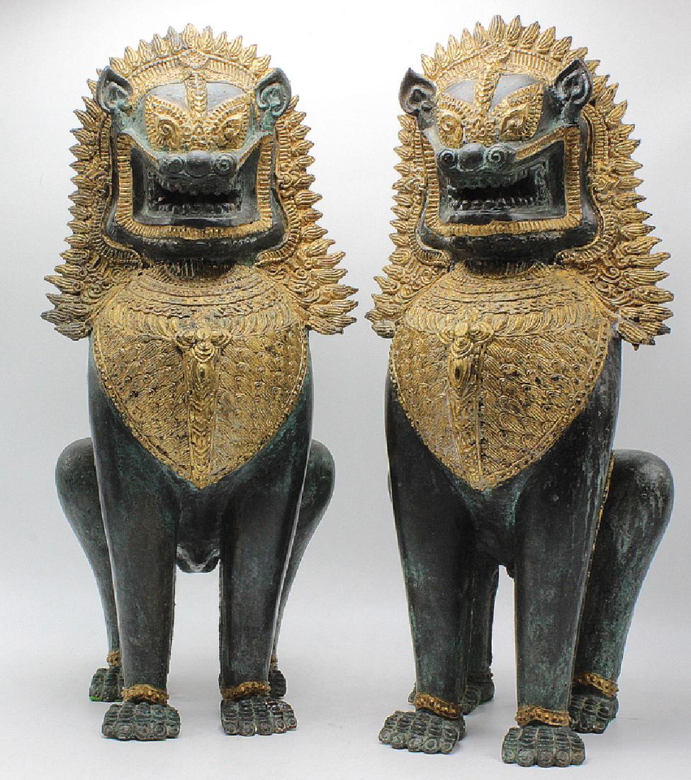 Pair of Bronze Foo Dogs with Gold & Green Patination (1 of 4)