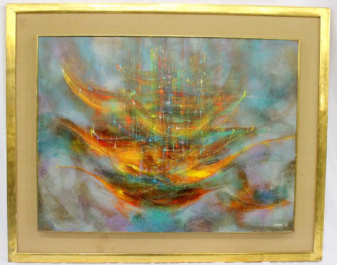 Leonardo Nierman "Prehistoric Dream" on Masonite Oil: Leonardo Nierman "Prehistoric Dream" on Masonite Oil. 32" long x 2' ft. wide. 4" wide frame.