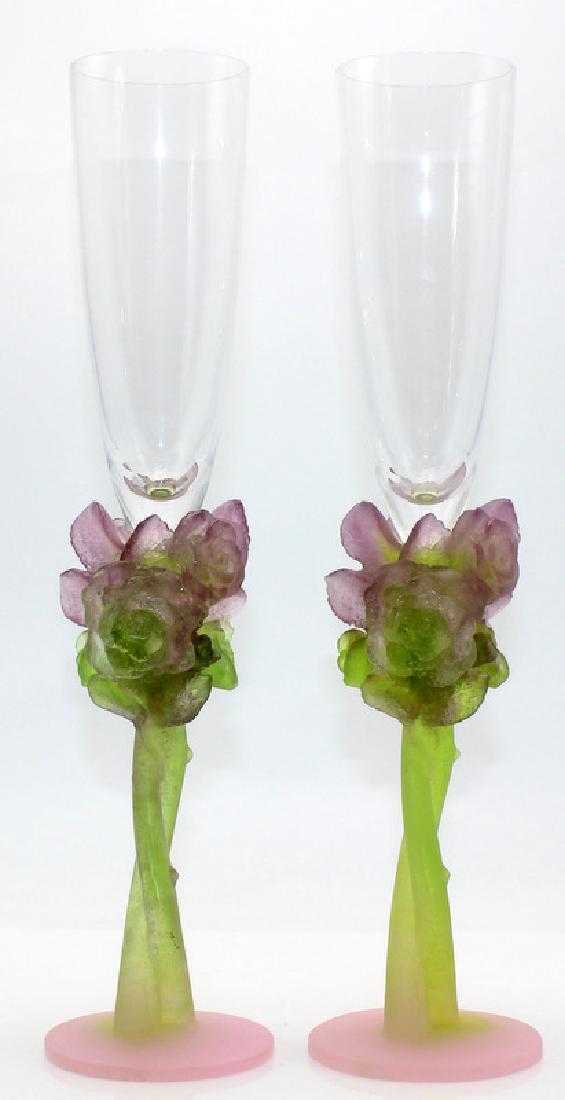 Daum Pate de Verre "Rose" (9) Champagne Flutes