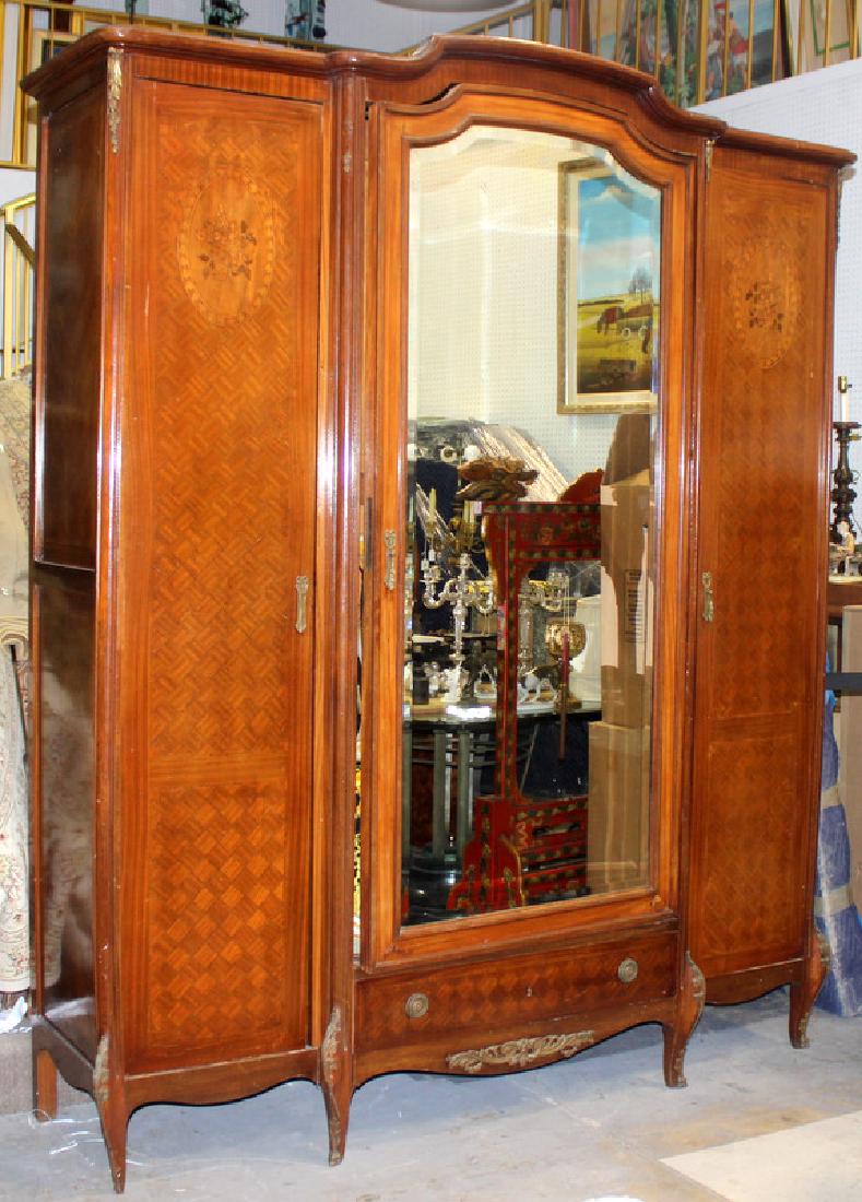Louis XV Style Bronze Mounted Inlaid, Three Door: Louis XV Style Bronze Mounted Inlaid, Three Door Beveled Mirror Armoire. 7' ft.