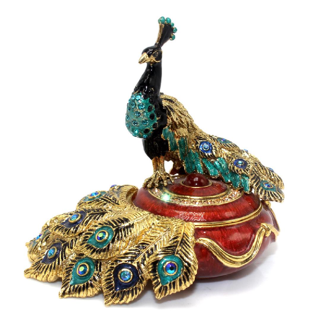 Jay Strongwater Peacock Figurine Trinket Box: Jay Strongwater Peacock Figurine Trinket Box. 3" h x 3.5" w.