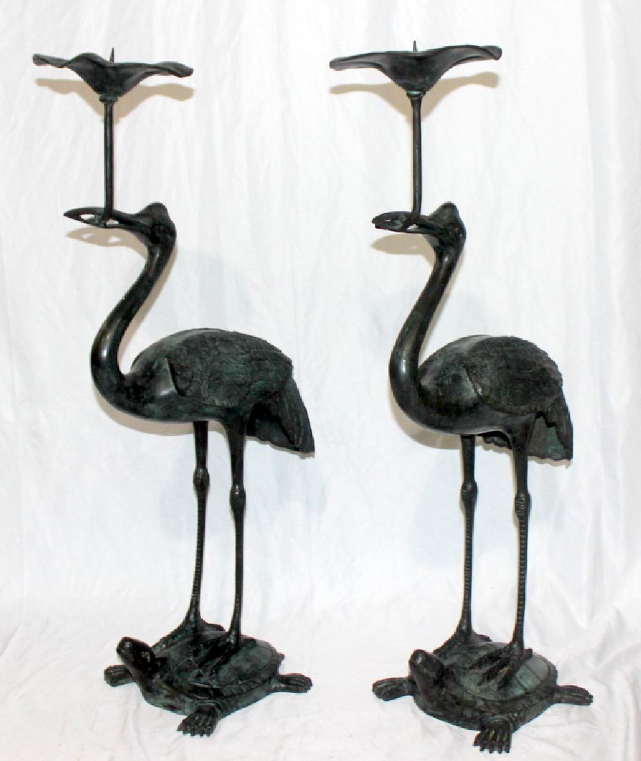 Pair of Chinese Bronze Pickett Crane Candlesticks (1 of 4)