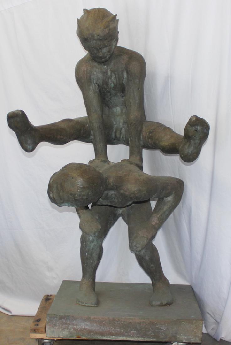 Victor Salmones (Mexican, b.1937-1989) Leap Frog Bronze: Lifesize Victor Salmones (Mexican, b.1937-1989) Leap Frog Bronze. 4\' ft, 10\" inches high x 2\" ft, 10\" inches wide. Comes with original appraisal. Victor Salmones (1937-1989) was the most widely kn