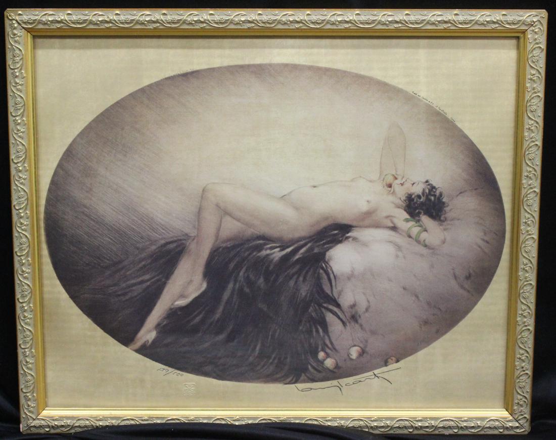 French Louis Icart painting Nude Maiden Reclining: Nude French Louis Icart painting Maiden Reclining. Numbered and signed. Paris Giftwood frame 17" x 21".