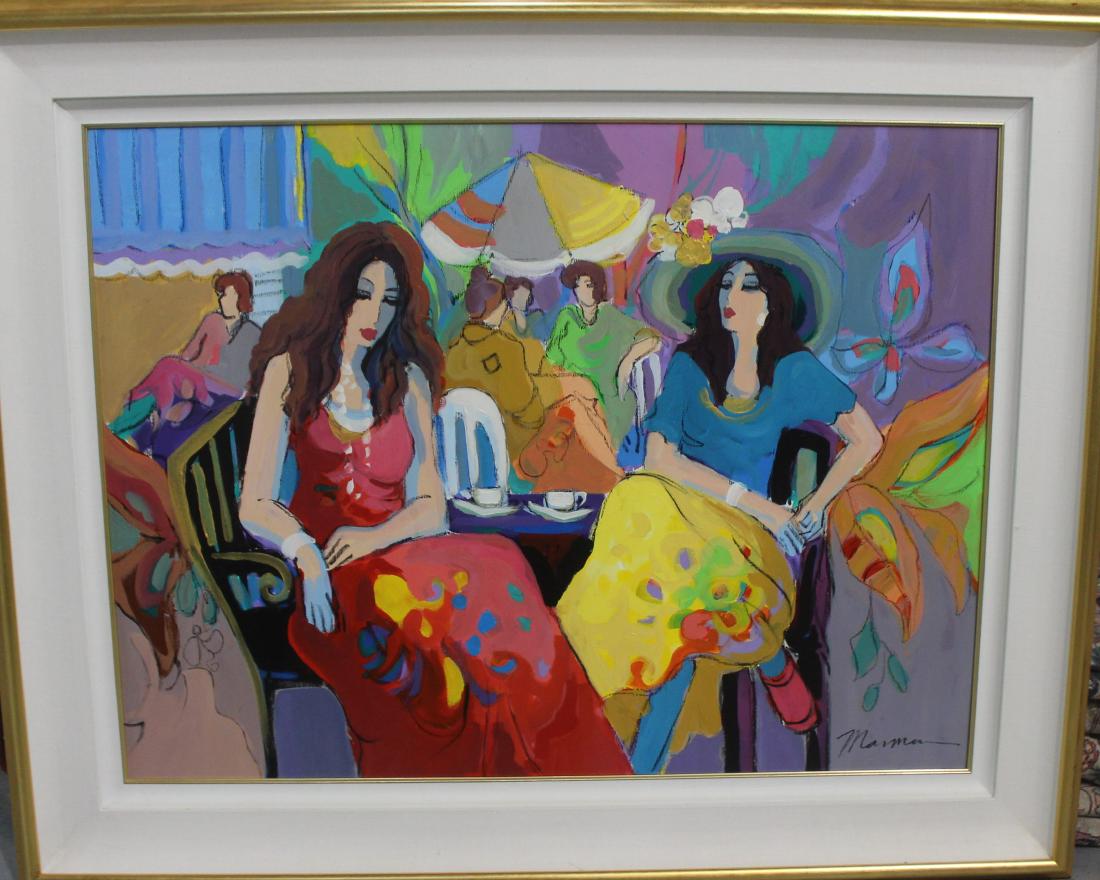 Isaac Maimon "2 women in outdoor cafe": Isaac Maimon "2 women in outdoor cafe". 1951 Israeli oil painting on canvas. 29.5"H x 39.5"W. Frame is 5".