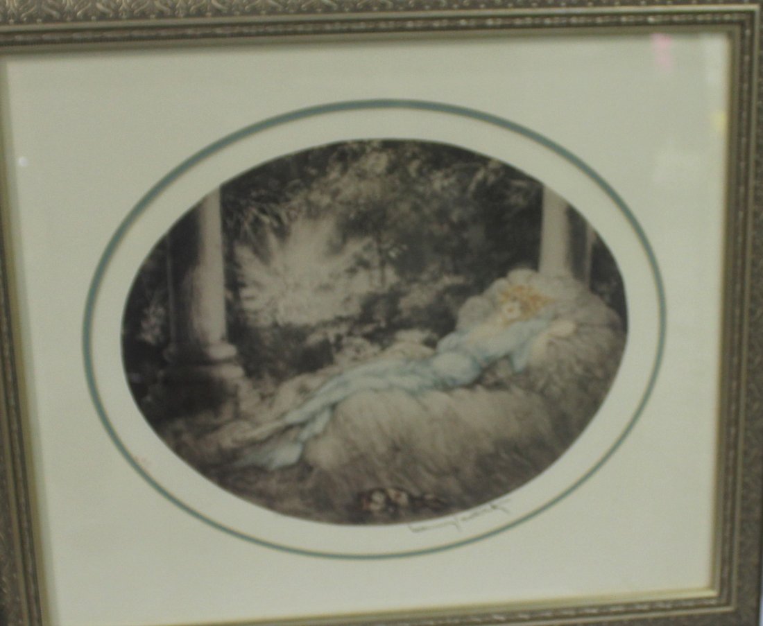Louis Icart "lady on bed etching": Louis Icart "lady on bed etching" 1888-1950 french, 15.5"H x 19"W. 4.5" frame.