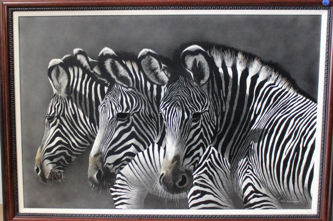 Dennis James: Dennis James oil On Wood Three Zebras 23.5" Height x 35.75" Width. Frame 2.5"