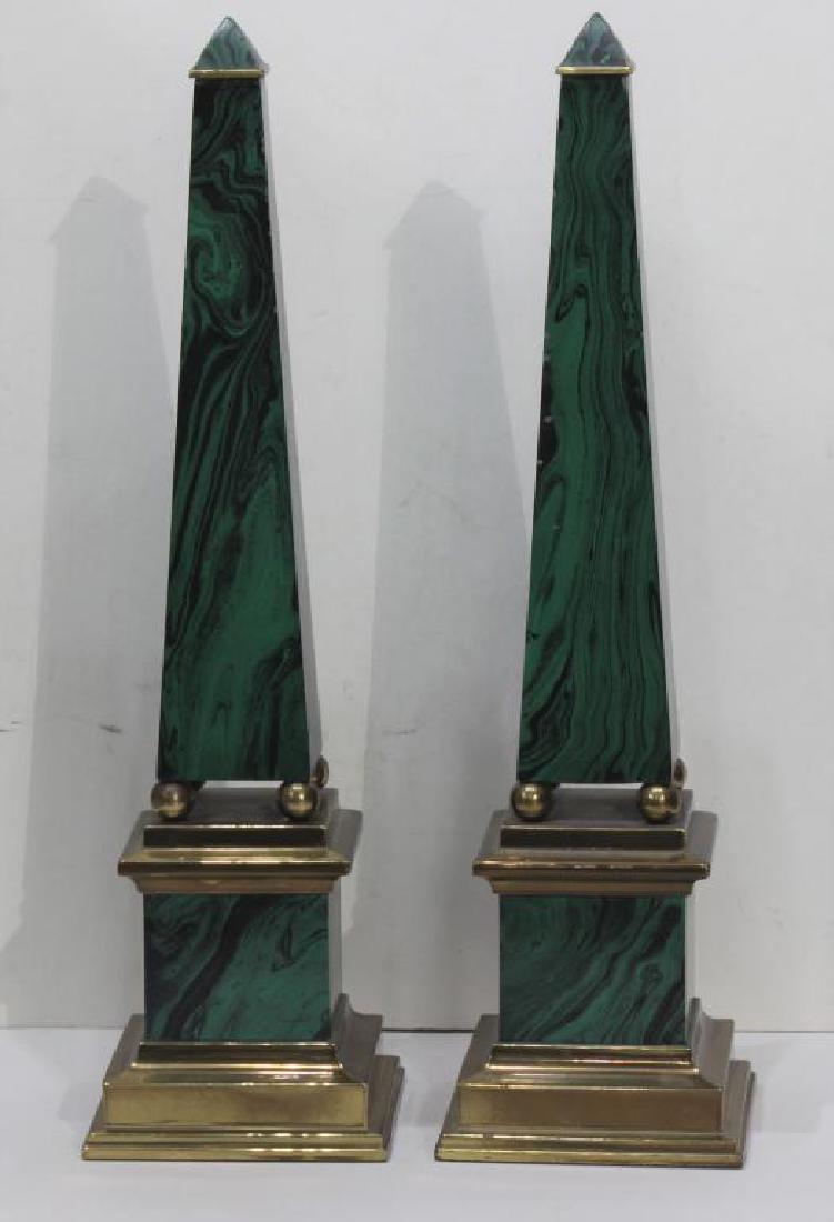 Pair Of Mid Century Faux Malachite & Brass Obelisk (1 of 1)