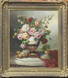 Emilio Greco Italian oil painting on panel: Emilio Greco Italian 1913-1995 still life Floral Oil painting on panel 25" High X 21" Wide Frame is 4"