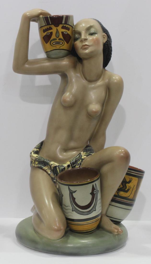 Lenci Torino Italian Pottery Figure.: Lenci Torino Italian Pottery Figure. Nude Woman Holding a Pot 21 1/2" high x 12" Wide