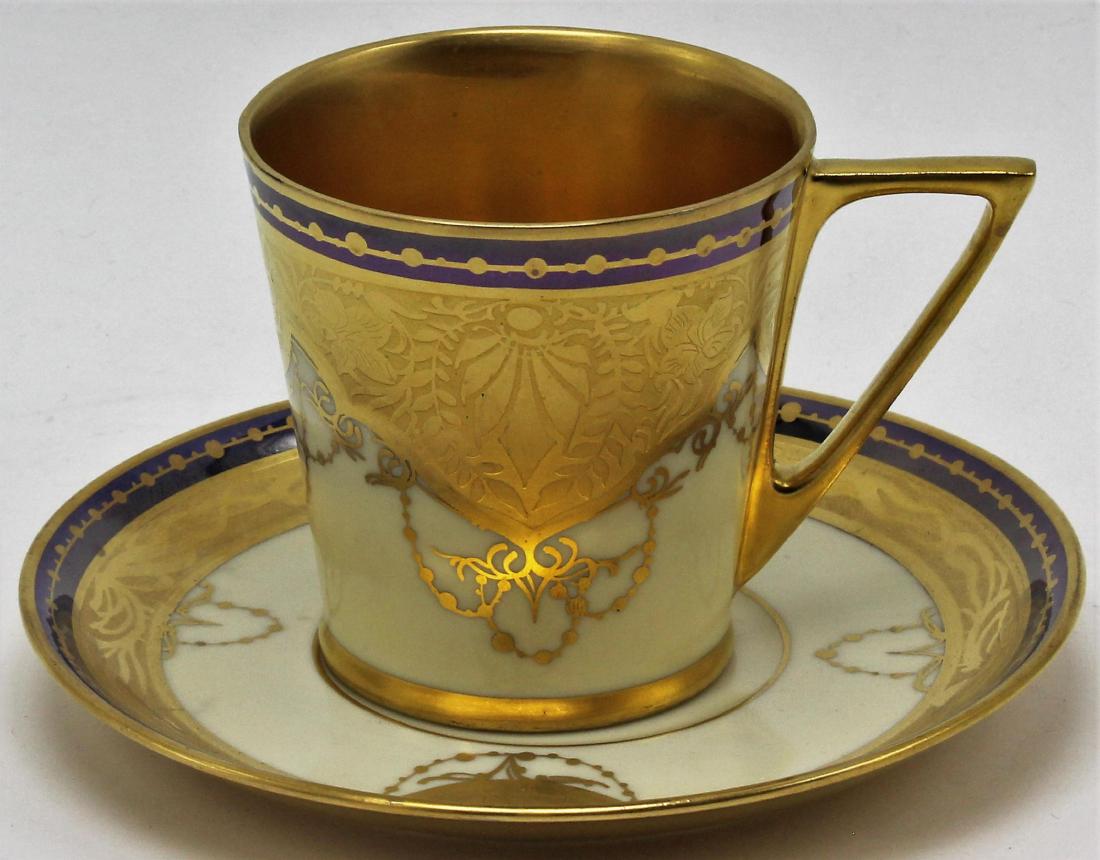 Bavarian Signed Osborne 6 cups and saucers: Bavarian Signed Osborne Art Nouveau Porcelain 6 Cups and Saucers. One cup hairline chip; one cup small surface chip "as is" saucer diameter 5 3/8"; cup 2 3/4" diameter top, 2 7/8" height.