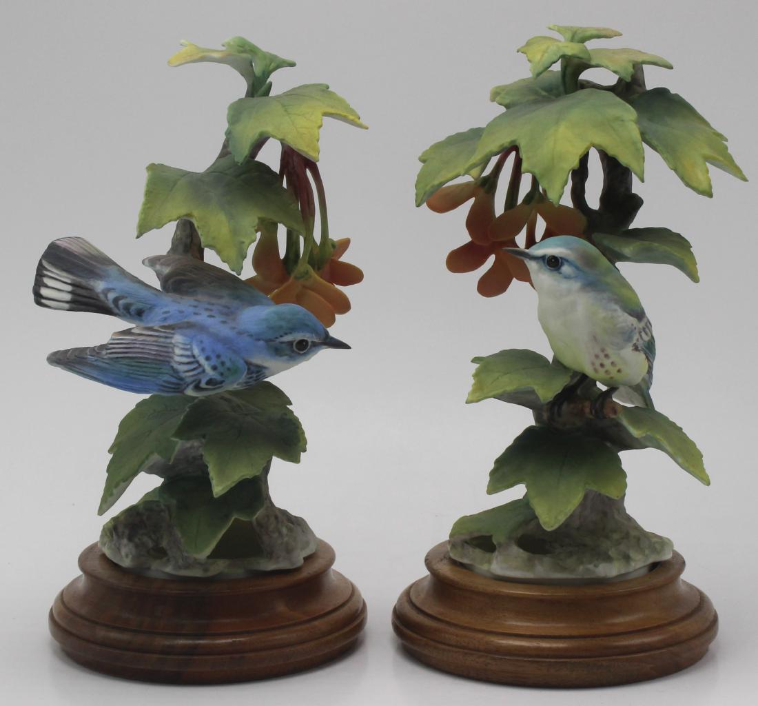 Pair of Royal Worcester Dorothy Doughty Birds Porcelain: Pair of Royal Worcester Dorothy Doughty Birds Porcelain Cervlian Warblers Perched on Maple Branches. With Original Wood Vase 9" High