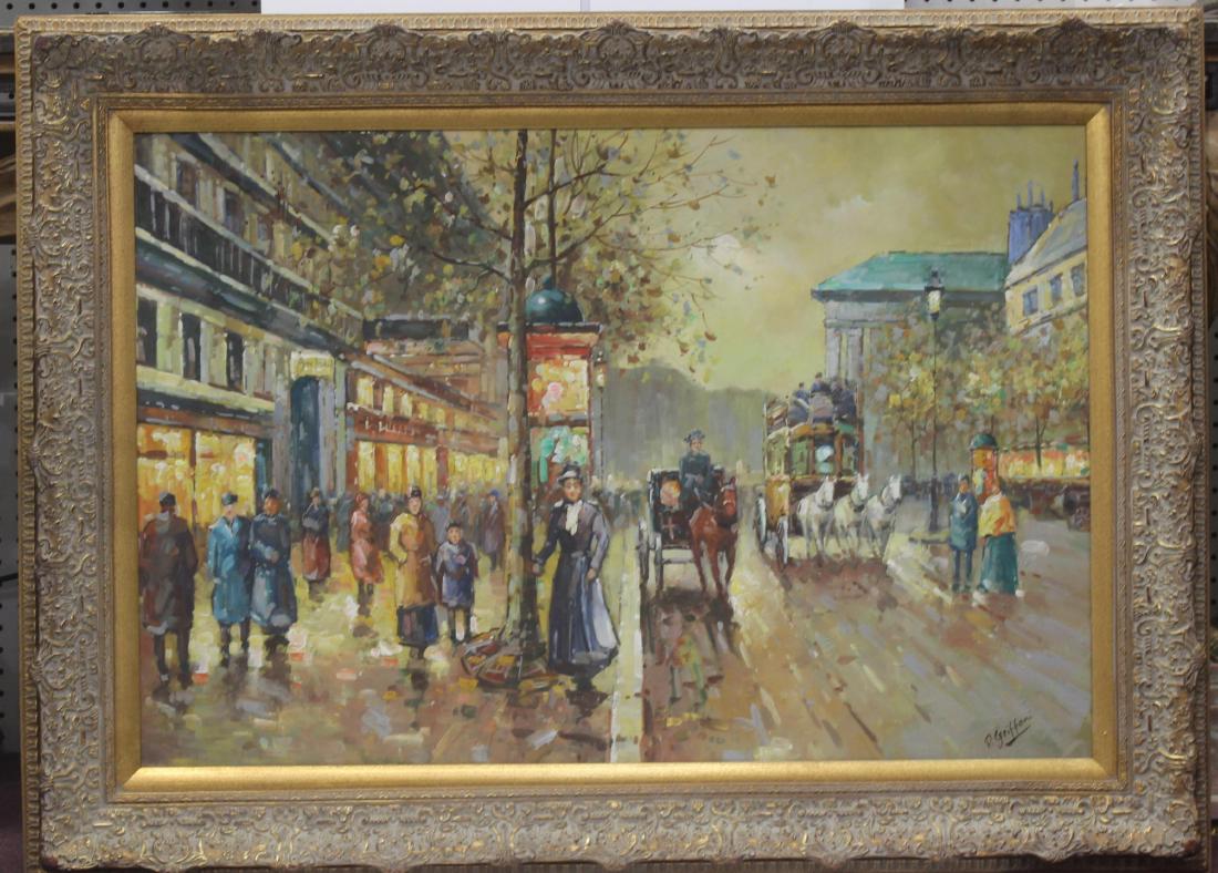 Edouard Cortes Style Oil Painting on Canvas Street: Edouard Cortes Style Oil Painting on Canvas Street Scene Signed by P. Egriffoni Lower Right 22 1/2" High x 35 1/4" wide in 4 3/4" frame
