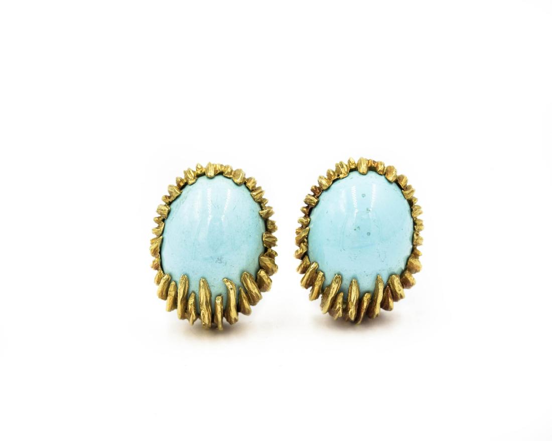Andrew Grima Yellow Gold and Natural Persian Turquoise: Andrew Grima Yellow Gold and Natural Persian Turquoise Earrings; 18k yellow gold; 12.7dwt/19.75g; 3/4"