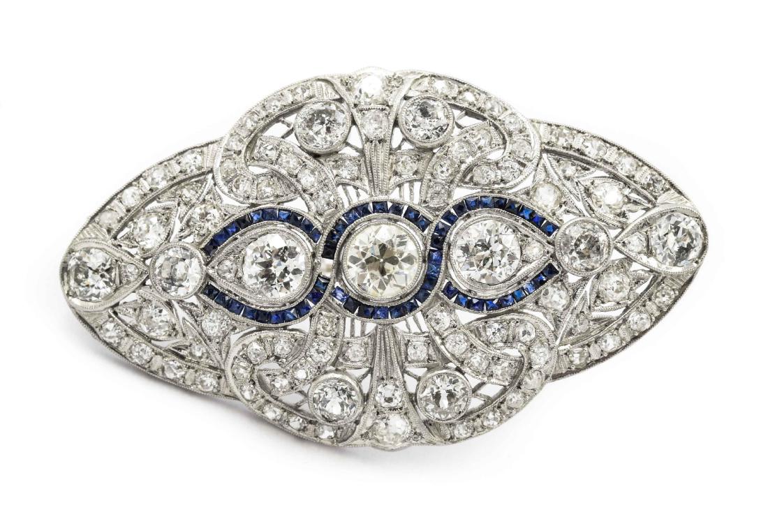 Belle Epoque Platinum Diamond and Sapphire Brooch; (1 of 2)