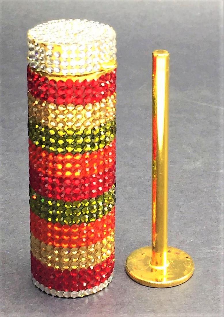 Judith Leiber Coin Holder Rhinestones and Coin: Judith Leiber Coin Holder Rhinestones and Coin Push-down Handle 3 1/16" x 1" diam