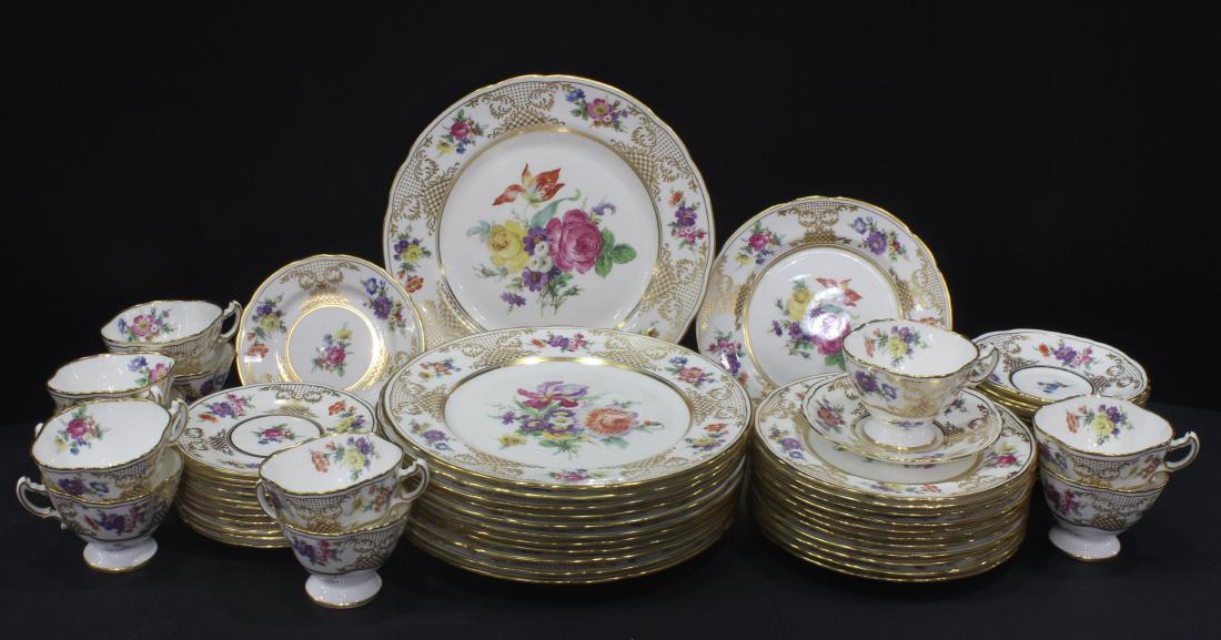 Llammersley and Co. Bone China floral service Lot of 60: Llammersley and Co. Bone China and old meissen gold floral service, Lot of 60 pcs. 12 dinner plates, 12 salad plates, 12 bread plates, 12 cups cups and saucers.