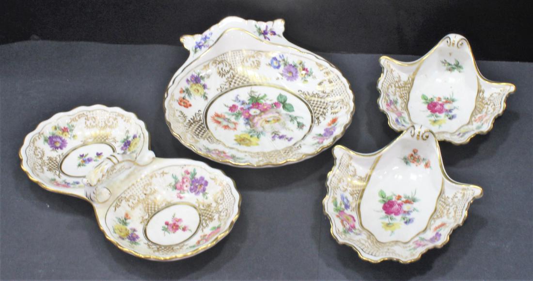 Hammersley and Co. Bone China dishes: Hammersley and Co. Bone China dishes. Old meissen gold and floral service. 2 shell candy dishes 2 3/8"H x 6 1/2"L. 1 Shell dish 2"High x 8 3/8"L and one handle candy and nut dish 2 5/8"h x 9".