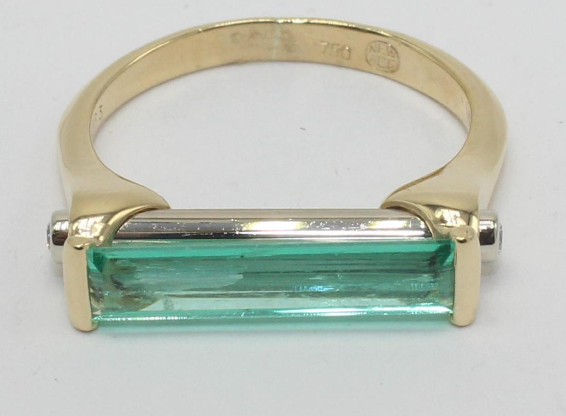 Yellow Gold Emerald and Diamond Ring; 18k yellow gold;: New Age Yellow Gold Emerald and Diamond Ring; 18k yellow gold; 3.10dwt/4.82g; emerald = 1.63cts; 2 diamonds = 0.07cts; Ring SizeÂ 6 Â¼