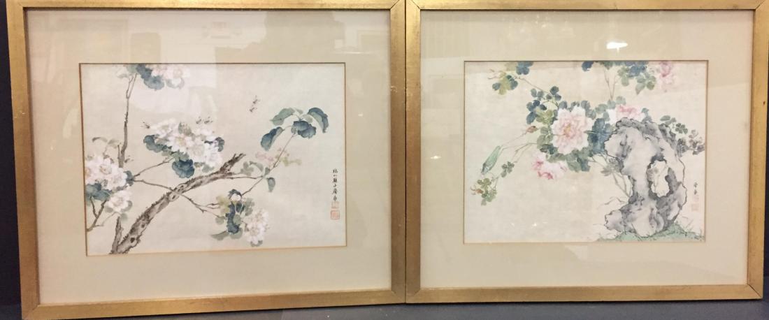 Pair Vintage Chinese Brush Painting Flowers and Insects: Pair Vintage Chinese Brush Painting Flowers and Insects; Plum Blossoms, Peony, Grasshopper, Bees 9 1/2" x 12 3/4" with 3" matte in frame - grasshopper has faint discoloration top edge "as is"