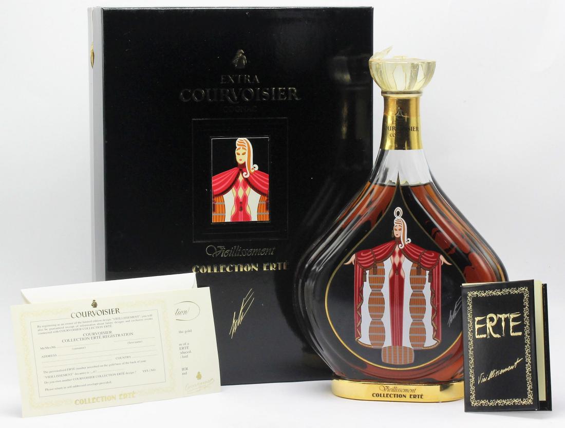 Erte "Viellissement" Courvoisier Cognac #4 w/ Box: Sealed Romain "Erte" de Tirtoff "Vieillissement" #4 Corvoisier Cognac Bottle Edition Number: H7461. Cognac Bottle in fitted presentation box with complete legacy booklet and certificate of authenticit