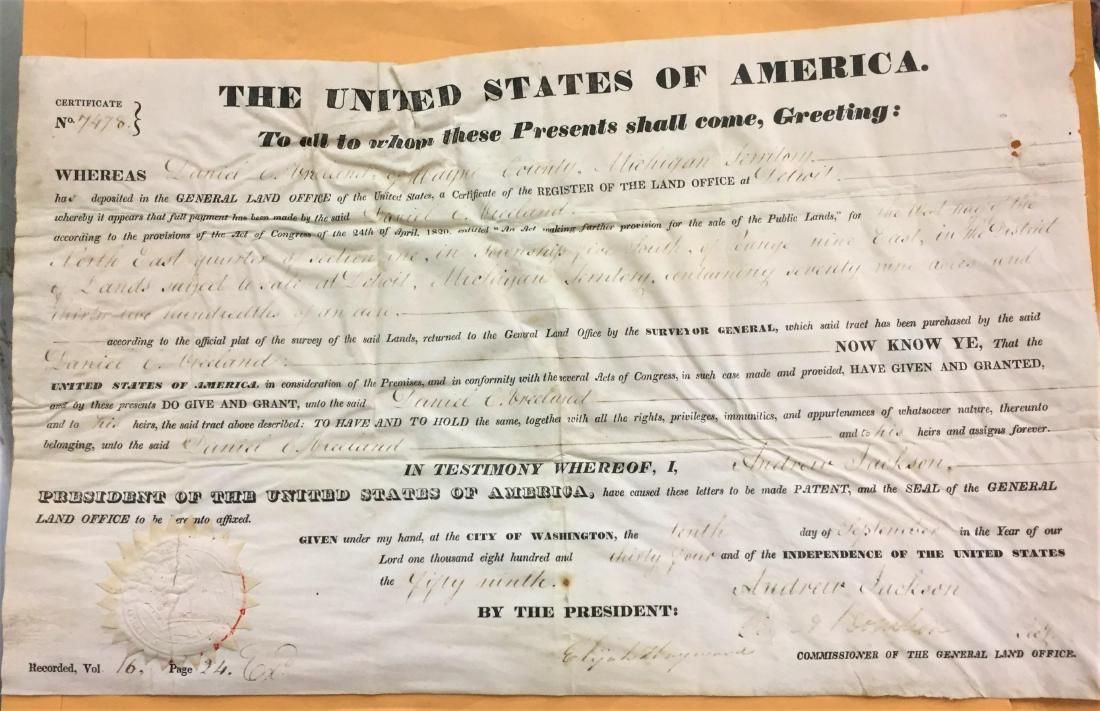 Andrew Jackson Signed Land Grant 1834 Detroit Michigan (1 of 8)