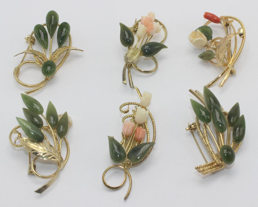 Six Chinese Jade, Coral Brooches (1 of 3)