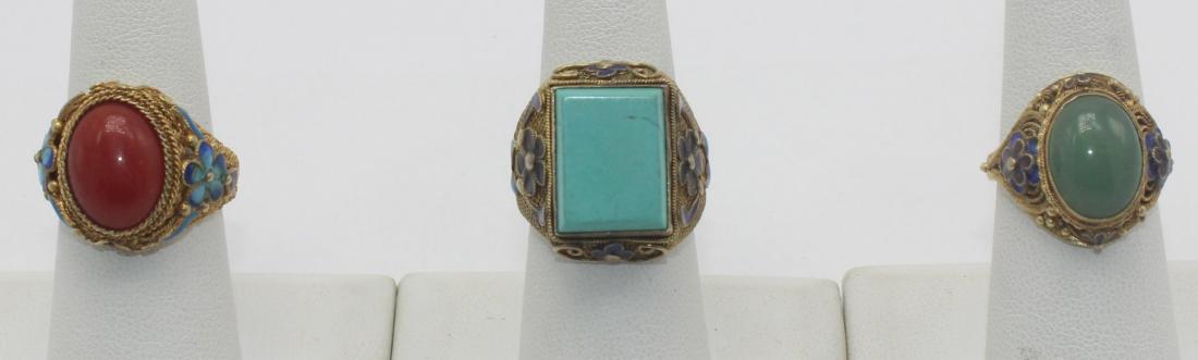 Chinese 3 Sterling Silver Enamel Precious Stone Rings (1 of 2)