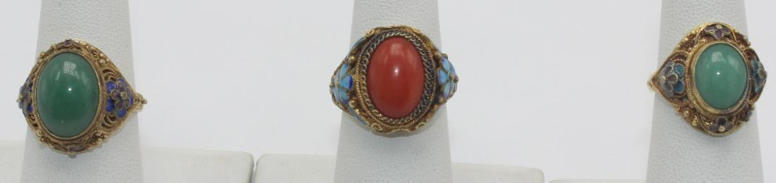 Chinese 3 Sterling Silver Enamel Precious Stone Rings (1 of 2)