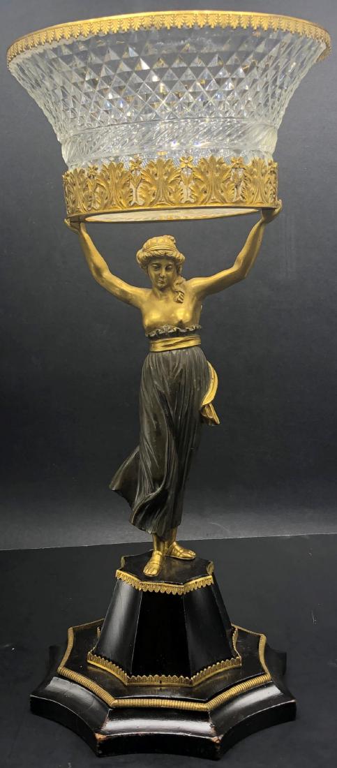 Antique French Figural Bronze With Baccarat Crystal: Antique French Figural Bronze With Baccarat Crystal Centerpiece. Crystal Bowl Has A Crack. Measures 17" High x 8" Wide.