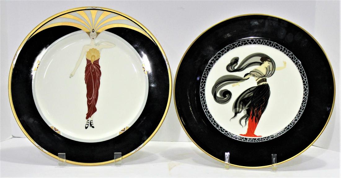 Two pcs Erte bone China porcelain plates 12" diameter: Two pcs Erte bone China porcelain plates 12" diameter. Ebony and flames d. Amour.