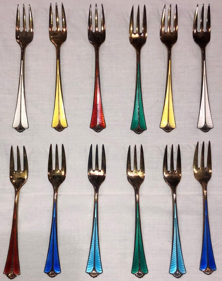 David Andersen Sterling Silver Enamel Forks Set of 12: Signed and marked. 3.25" long.