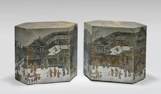 Philip & Kelvin LaVerne Bronze Pewter Chan Series Side: Philip & Kelvin LaVerne Bronze Pewter Chan Series Side Tables. Pair of mid-century classic six sided Chan series bronze side tables, signed. Etched, enameled and embossed pewter overlay over bronze te